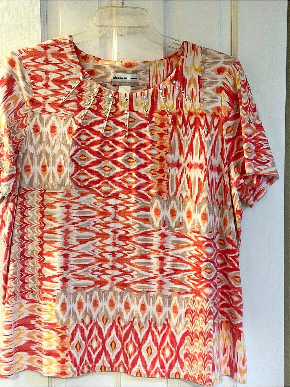 Alfred Dunner Ikat Print Rhinestone Embellished Top Coral & Orange 1X Like New